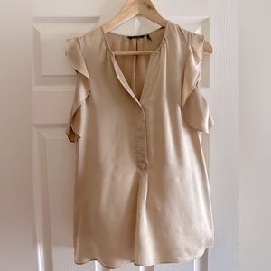 Silk Ruffled-Sleeve Half-Placket Blouse Top